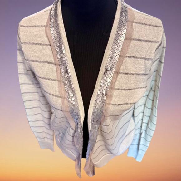 Ann Taylor LOFT Sequin Gray Metallic Striped Beige Cardigan - Picture 4 of 8